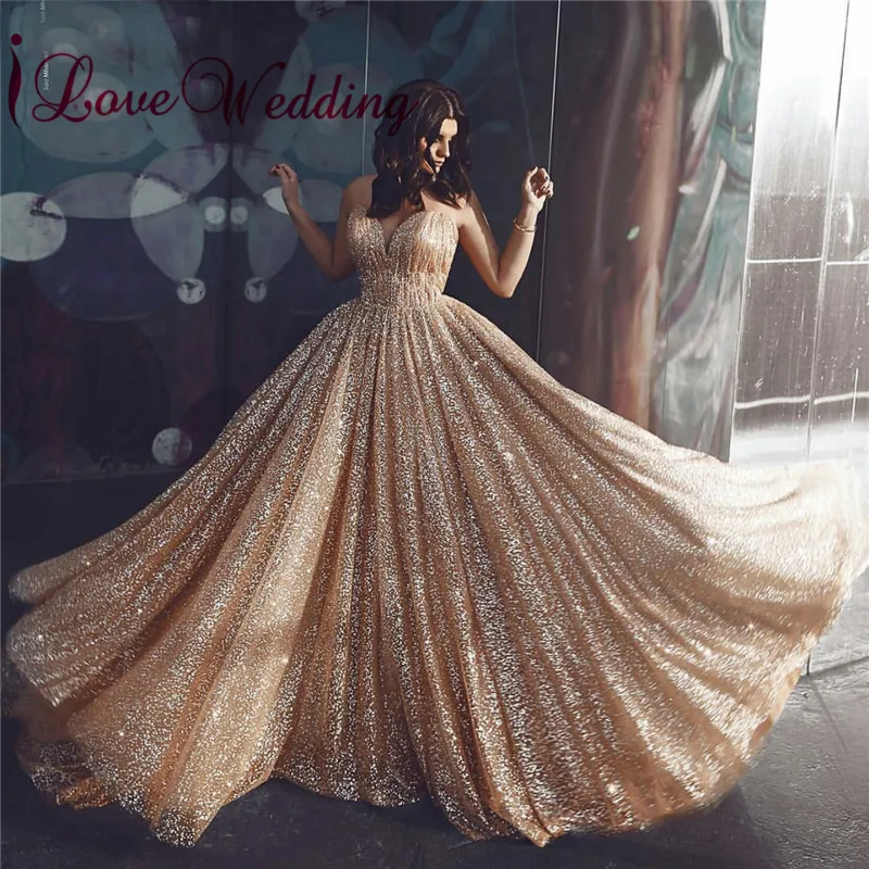 

Evening Dresses Long 2019 Sexy Deep V Neck A Line Party Gown Custom made Gold Sequin Formal Dress Evening Gown