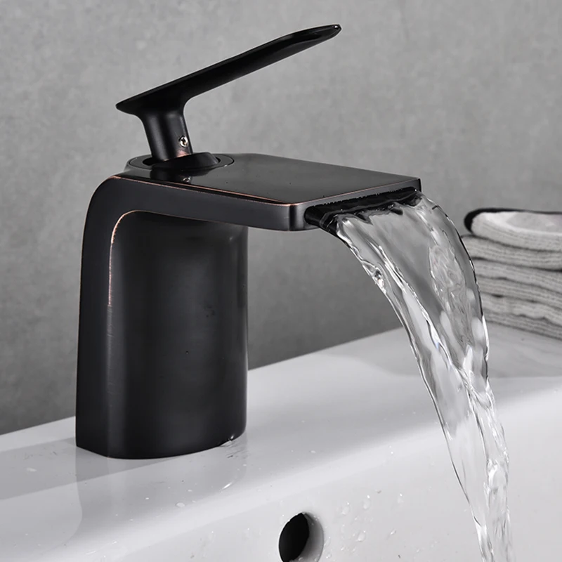 

black bathroom basin faucet Hollow shape bath Waterfall faucets single handle water mixer tap cold and hot water faucet mixer