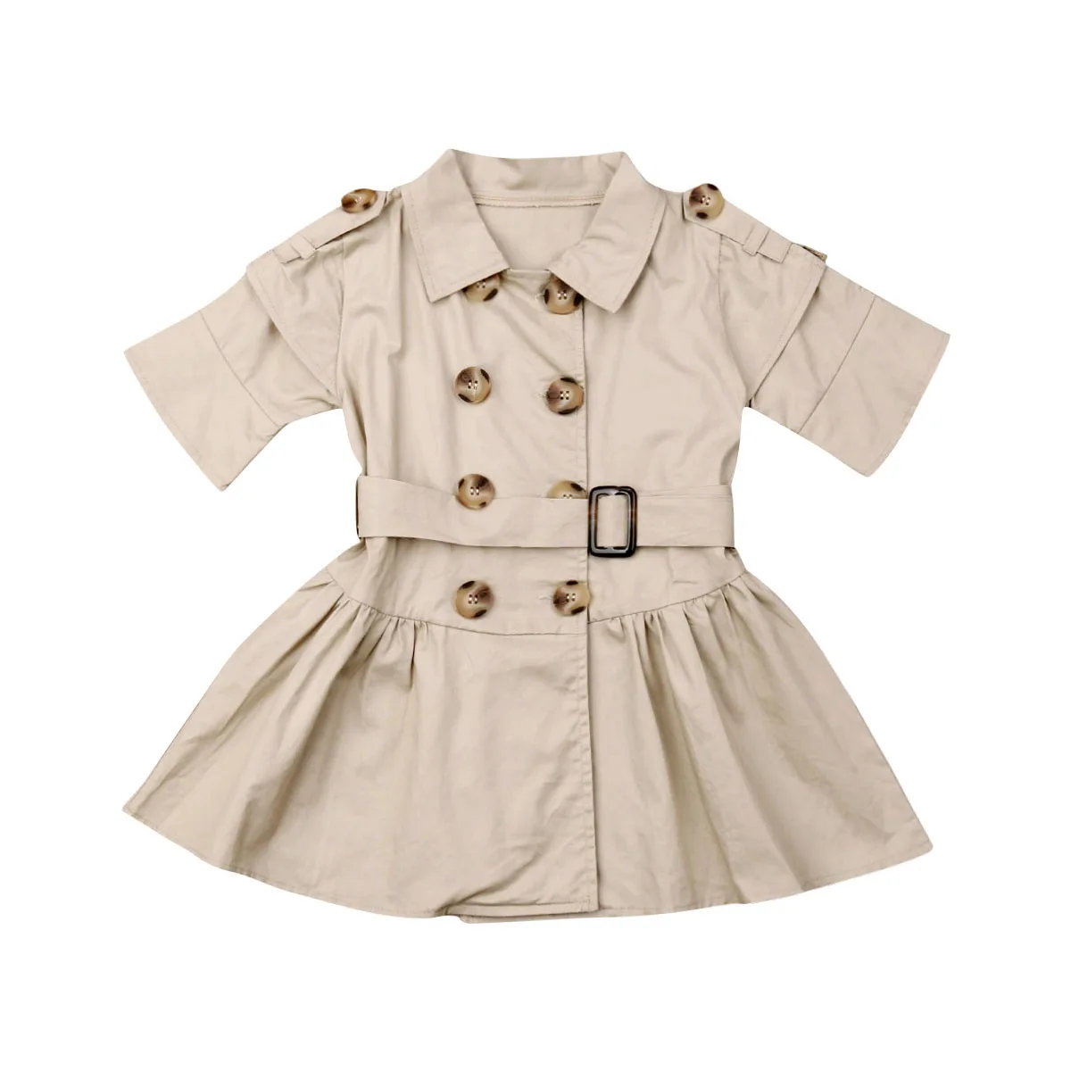 

2-7Y Summer Fashion Toddler Baby Girls Dress Button Single Breasted Khaki Solid Knee Length A-Line Dress