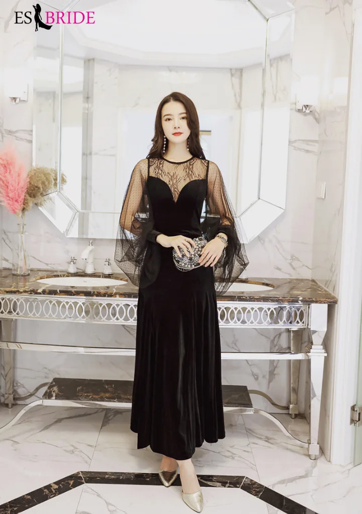 

New Arrival Casual Ladies Long Evening Dresses 2019 Elegant Tulle Long Sleeve Lace Plus Size Formal Gowns Robe De Soiree ES1308