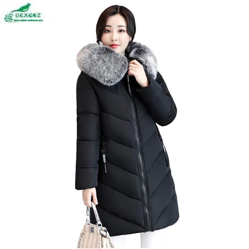 Medium long female large size feather cotton Outerwear new winter fashion Slim warm coat font b