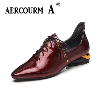

Aercourm A 2018 Woman Brand Rivet Shoes Spring Pumps High Heels Wrinkled Patent Leather Shoes Square Toe Lacing Shoes DTN&9662