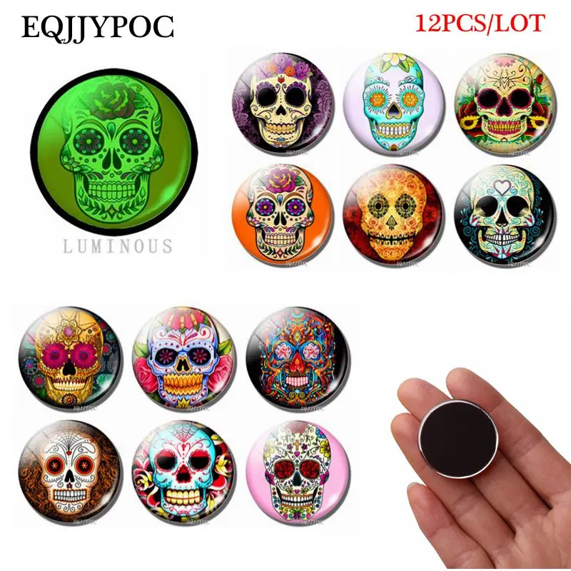 

12pcs 25mm Candy Skull Fridge Magnet Cartoon Glass Gemstone for Refrigerator for Home Decor Glowing At Night Magnetic Sticker