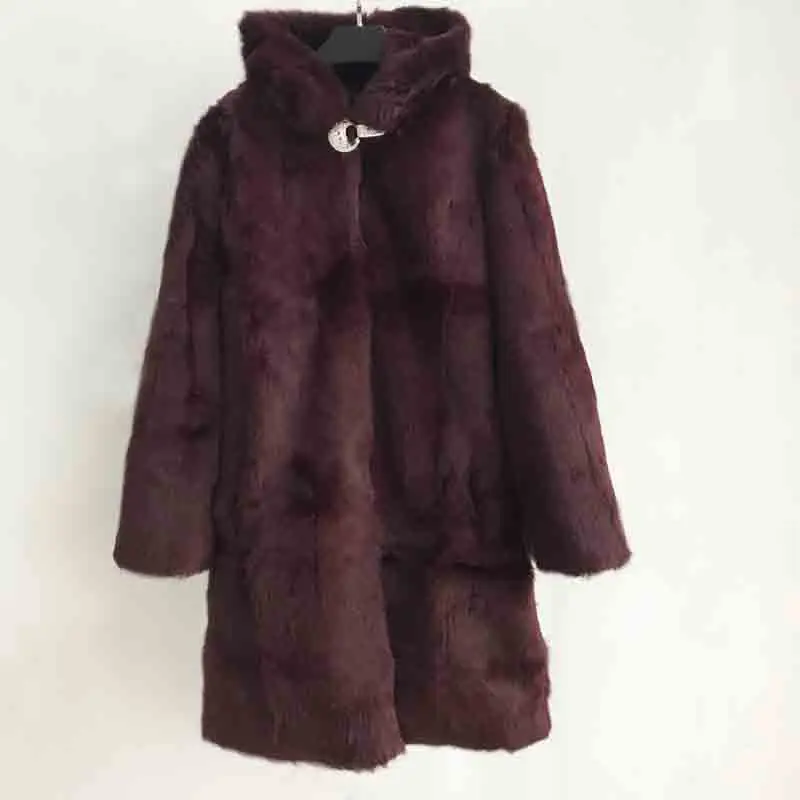 Длинное пальто из натурального кроличьего меха, Женское зимнее теплое пальто больших размеров, меховое пальто с капюшоном и карманами sr447 - Цвет: Burgandy