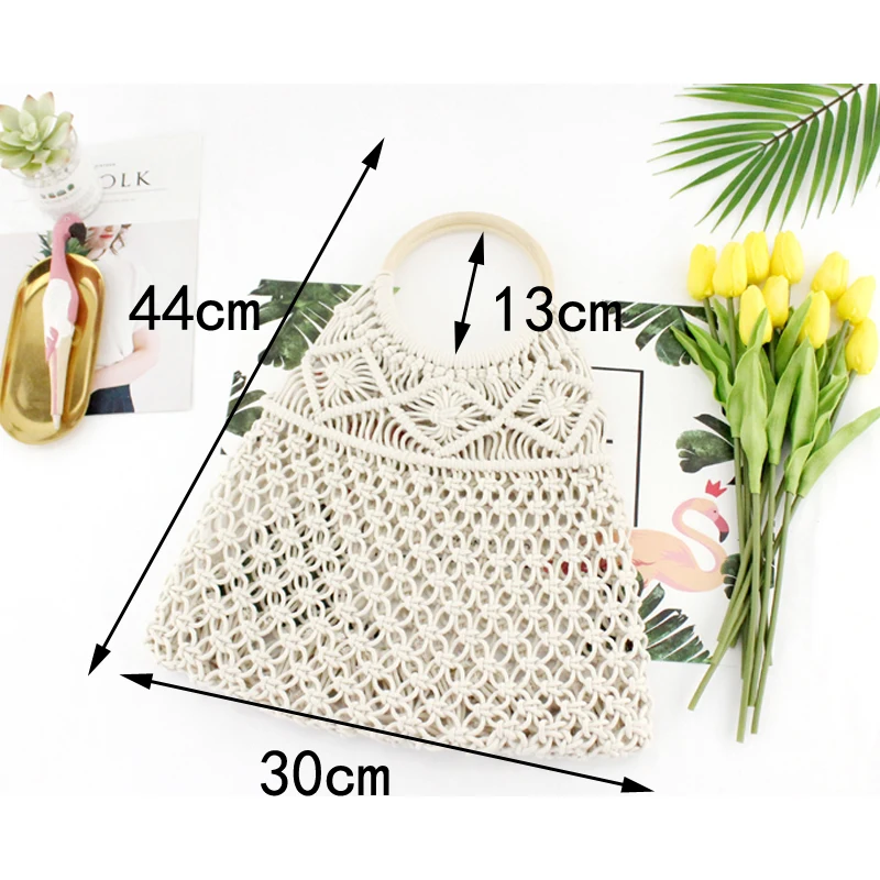 New type of cotton rope hollow net pocket handbag straw knitting bag small fresh knitting lady bag beach bag without lining