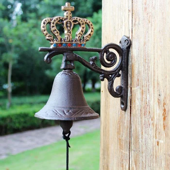 

Vintage Crown Cast Iron Hand Cranking Bell Rustic Double-sided Wall Mounted Welcome Door Bell Farmhouse Country Accent Wall Bell