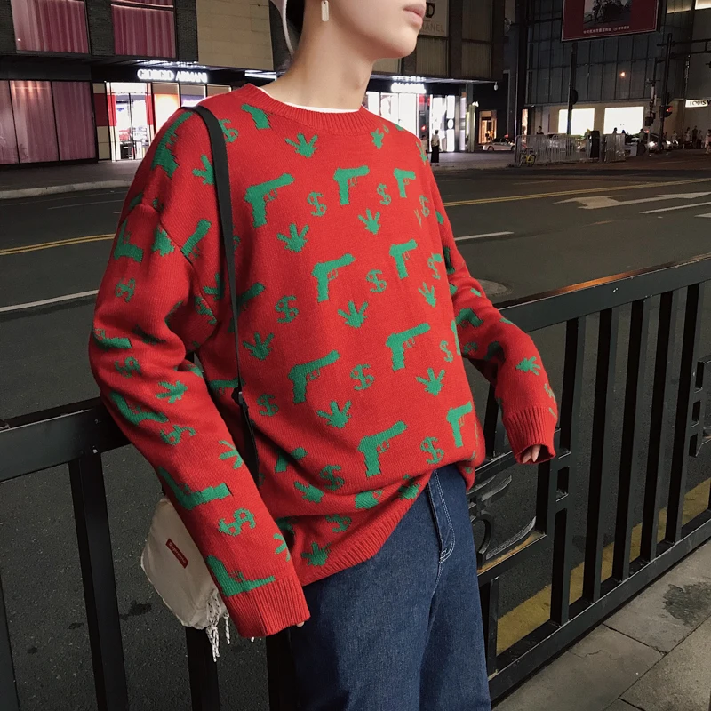 

Fashion Casual Men's Sweater Autumn And Winter New S-2XL Print Pullover Loose Sweater Black Red Personality Youth Popular