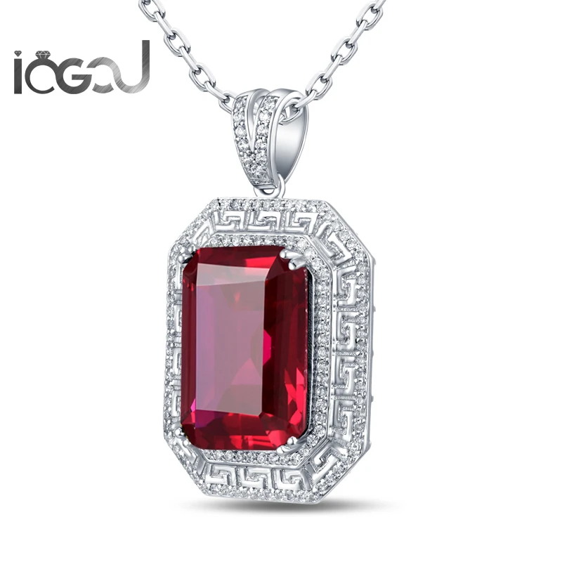 

IOGOU 925 Sterling Silver Rectangle White Gold Color Pendants Halo Red Stone Wedding Hip Hop Precious Party Male Jewelry Gifts