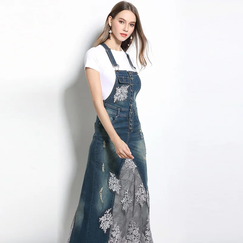 Long Lace Denim Suspenders Dress Two piece Suit 2017 Fashion Slim Jumper Casual Jeans Dresses Female