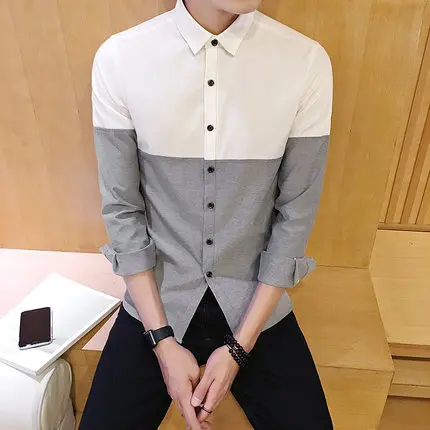 2017 Мужская мода рубашка британской моды Цвет лоскутное тонкий квадратный воротник Для мужчин с длинными рукавами рубашка однобортный