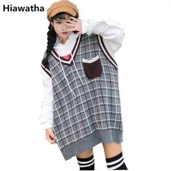 

Hiawatha New Autumn Knitted Vest Women Plaid Loose Sleeveless Sweater Fashion V-Neck Knitwear M092