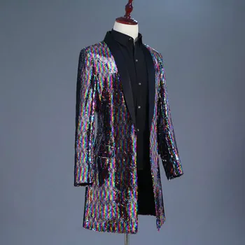 

Men's suit nightclub bar hosted long color changing windbreaker flip film colorful sequins DJ tide models cool singer costumes