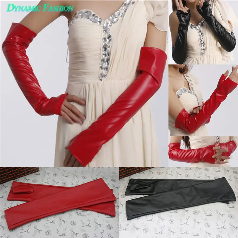Women Arm Long Genuine PU leather Warmer Evening Party Fingerless