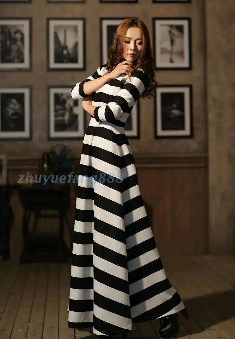 

Customize plus Size 3XS-10XL Spring Summer Casual chiffon Dress Ladies Black White Strips Maxi three-quarter sleeves dresses