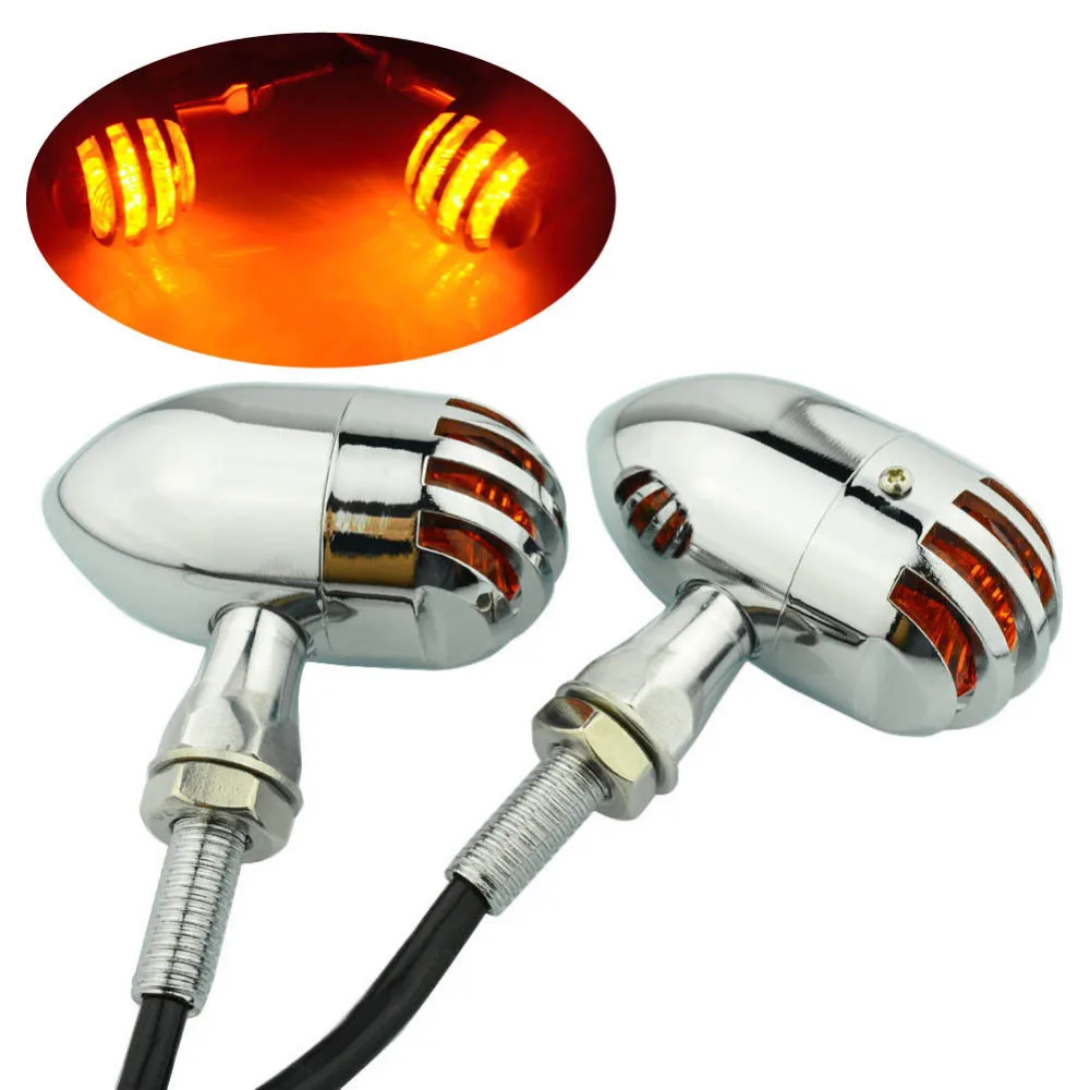 

Universal Motorcycle Chrome Amber Lens LED Grill Bullet Blinker Turn Signal Tail Light Lamp For Harley Bobber Chopper Cafe KTM