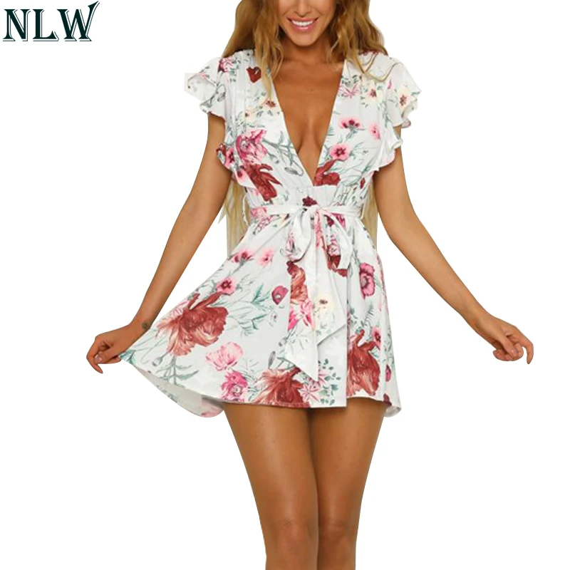 

NLW Sexy Floral Boho White Ruffles Mini Beach Dress 2018 Summer Women Print V Neck Dress Female Short Sleeve Vestidos