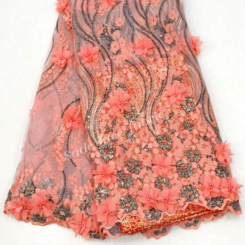 

peach color nigerian tulle lace fabric 3d flower beaded French Net Lace Fabric embroidery mesh sequins lace fabric RG975