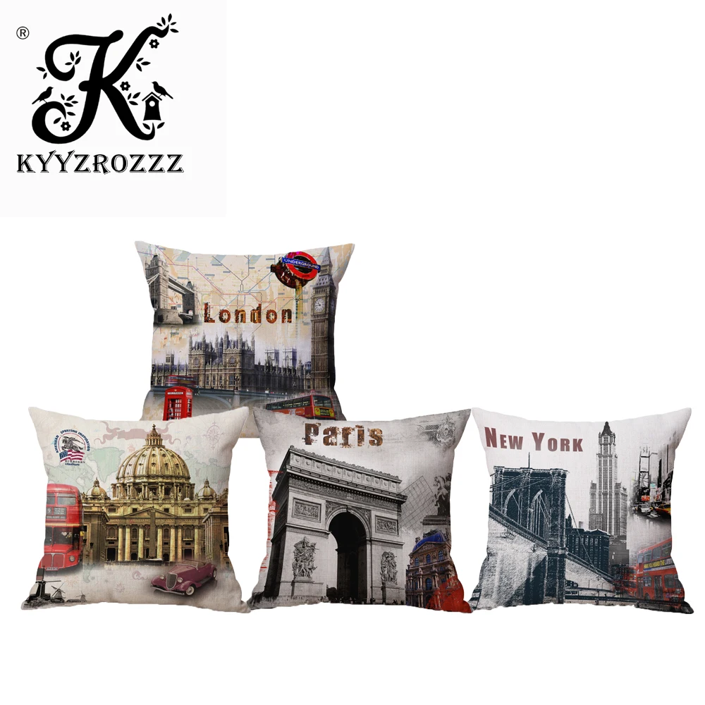 

Retro New York London Architecture One Side Printing Home Decor Sofa Seat Decorative Cushion Cover Pillow Case Capa Almofada