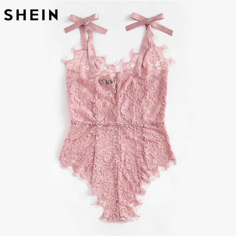 SHEIN طوق شريطي الكتف انظر الرغم الأزهار بودسوت/ بدلة الجسم المصنوعة من الدانتيل السيدات مثير ارتداءها الوردي أكمام V الرقبة لطيف ارتداءها