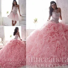 Luxus Perlen Spitze Schatz Hellrosa Puffy Quinceanera Kleider 2017 2 in 1 Abnehmbare Rüschen Rock Süße 16 Pageant Kleider