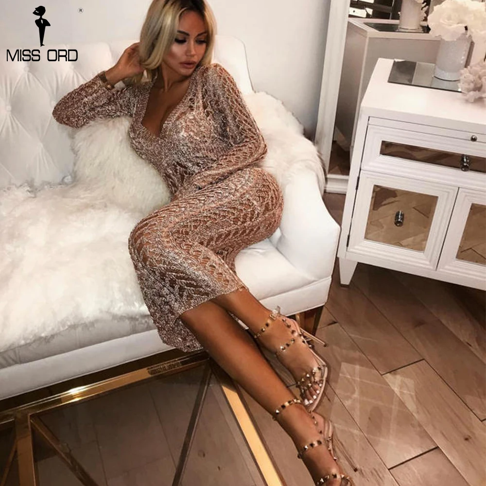 Missord 2020 Sexy Women Deep-V Backless See Through Dress Female Hollow Out Bodycon Party FT18463-1 | Женская одежда