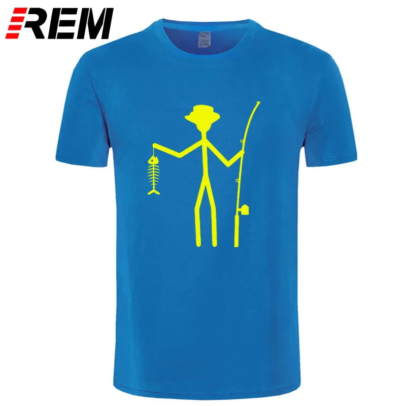 Крутая забавная футболка мужские футболки высокого качества мужские рыбацкие палочки фигура держа рыбы кости хлопковые футболки с коротким рукавом - Цвет: blue yellow