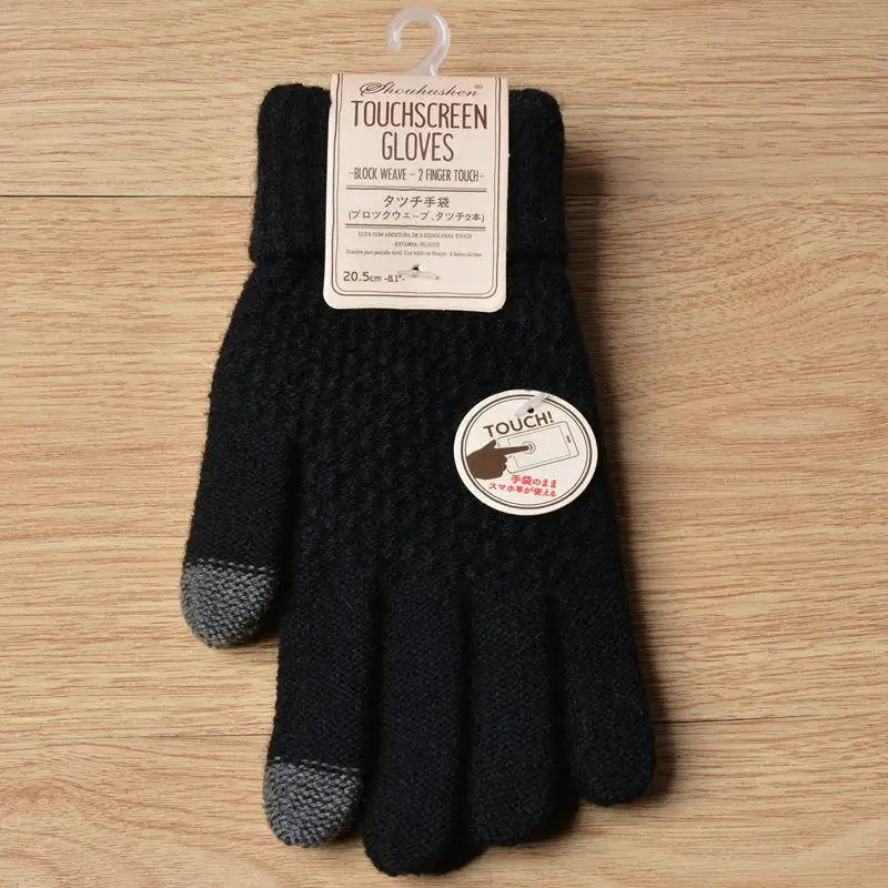 Новые зимние перчатки варежки для телефона женские теплые толстые шерстяные Перчатки сенсорные вязаные перчатки - Цвет: Черный