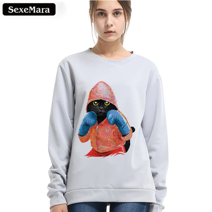 SexeMara 100% Cotton Women Winter Kawaii Tops Boxinger Cat Fashion 3D Print Hipster Swearshirt Female Shirts Plus Size WY034 Hoodies