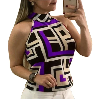 Purple Зеленые топы с открытыми плечами и Блузки Лето Плюс Размер Halter Холтер шеи геометрический принт блуза с оборками Блузка женская без рукавов топы - Цвет: Purple