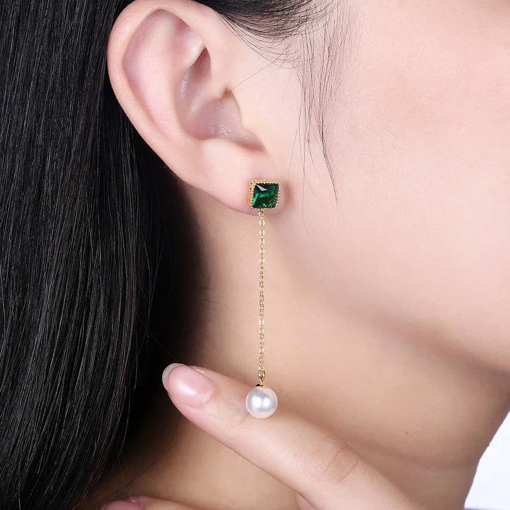 Hemiston 925 Sterling Silver Green Pearl Drops Female Earring for Women