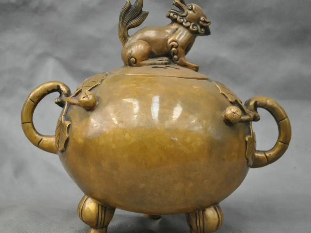 

10'' China Pure Bronze censer lion Foo Dog Pixiu Lucky Amitabha Statue