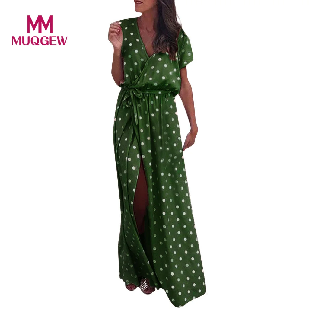 

2019 Elegant Women Bohemian Sexy Pink Wave Point V-Neck Maxi Dress Fork Opening Long Summer Beach Style Dress With Belt vestidos
