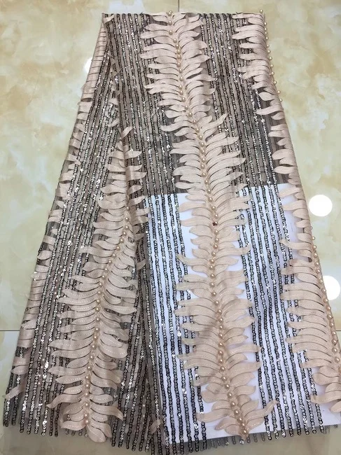 

2019 fashion African lace sequins lace fabrics high-quality tulle African with pearl edge fabrics wedding-xzx11