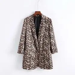 Для женщин винтажные leopard blazer карманов Зубчатый воротник пальто с длинными рукавами Женский Верхняя одежда Мода casaco женственные Топы