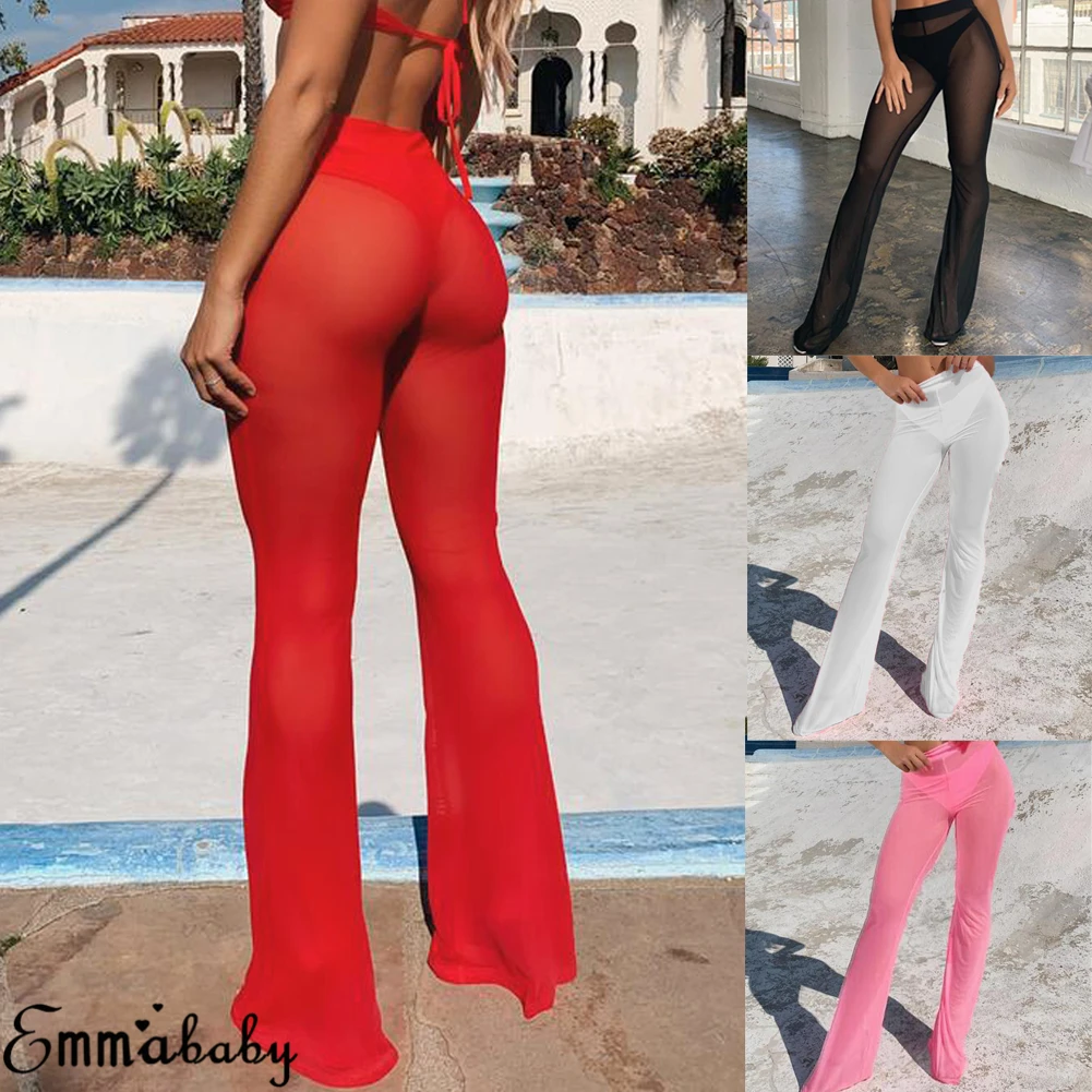 AU Женщины высокой талией Прозрачные расклешенные ноги сетки летние пляжные длинные брюки