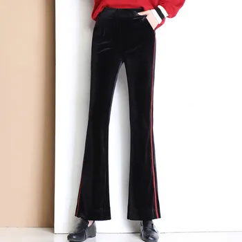

Female Winter Fluffy Girls High Waist Elastic Thin Trousers Gold Velvet Flare Pants Women Casual Black Striped Pants Plus Size