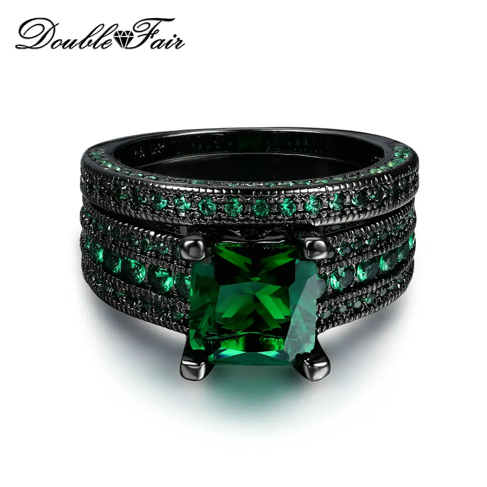 

Cubic Zirconia Luxury Green Crystal Rings Sets Black Gold Color Engagement / Wedding Ring Sets Fashion Women Jewelry DFR689
