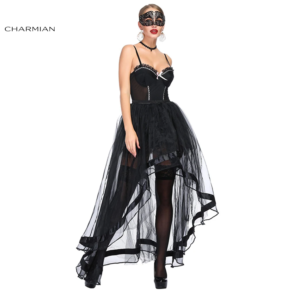 Charmian женский сексуальный черный из прозрачной ткани сетки цветочные кружева пластиковый костяной корсет с органзой высокая низкая юбка набор