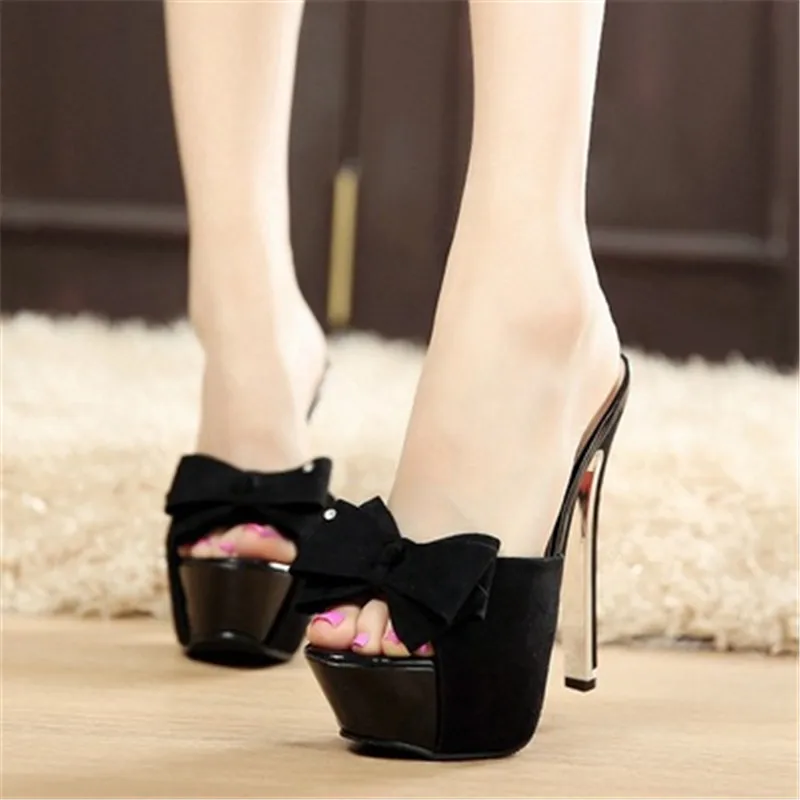 FeiYiTu/женские пикантные тапочки на очень высоком каблуке; женские тапочки на платформе с бантом; женская обувь для вечеринок с открытым носком на тонком каблуке; Цвет черный, белый