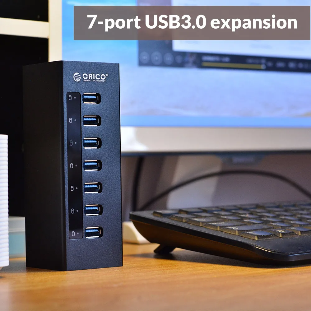 ORICO высокого Скорость Алюминий 7 Порты и разъёмы s USB 3,0 док-станция USB Порты и разъёмы 5 Гбит/с, украшенное мозаикой из драгоценных камней, 12V Мощность HDMI DVI Переходник HDMI DVI и 1 м USB3.0 кабель для передачи данных-(A3H7