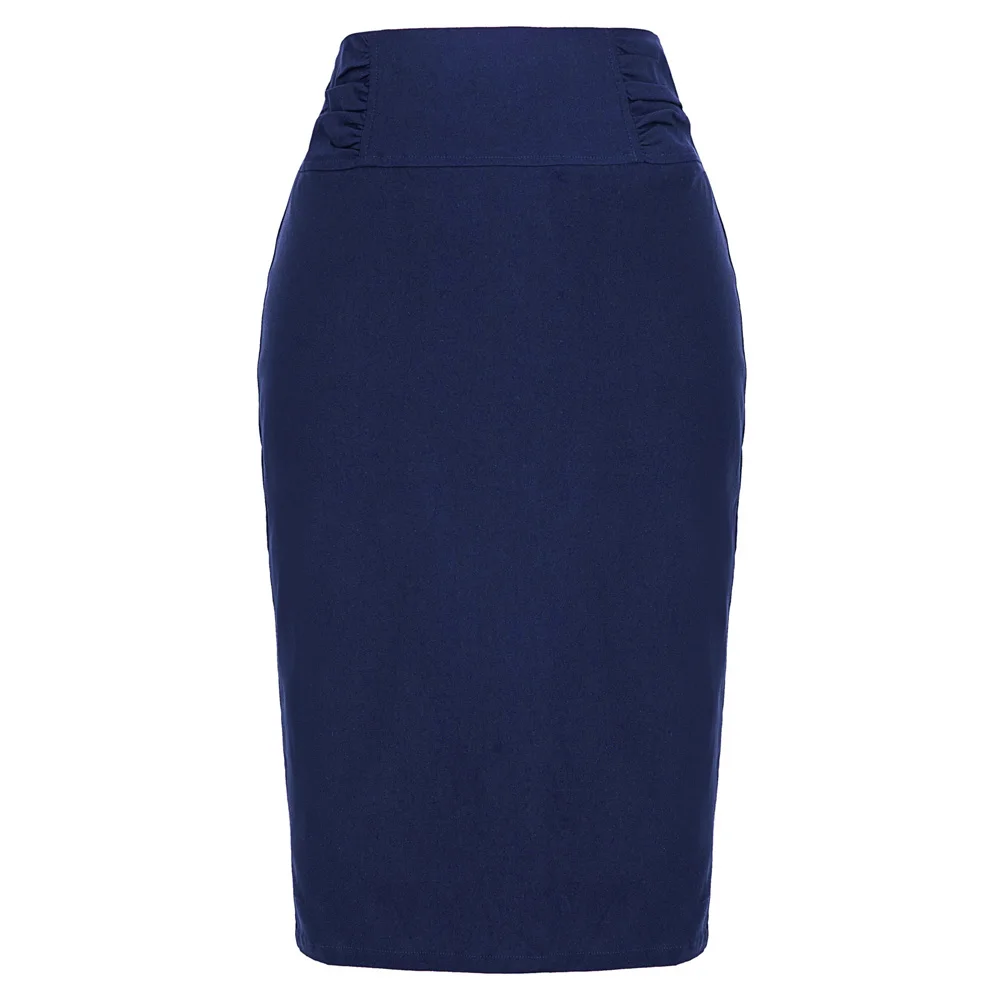 Navy Blue KK эластичные юбки, высокая талия, гофрированная Талия, длина до колена, обхват бедер, чистый цвет, с рюшами, сексуальная элегантная женская юбка-карандаш - Цвет: Navy Blue