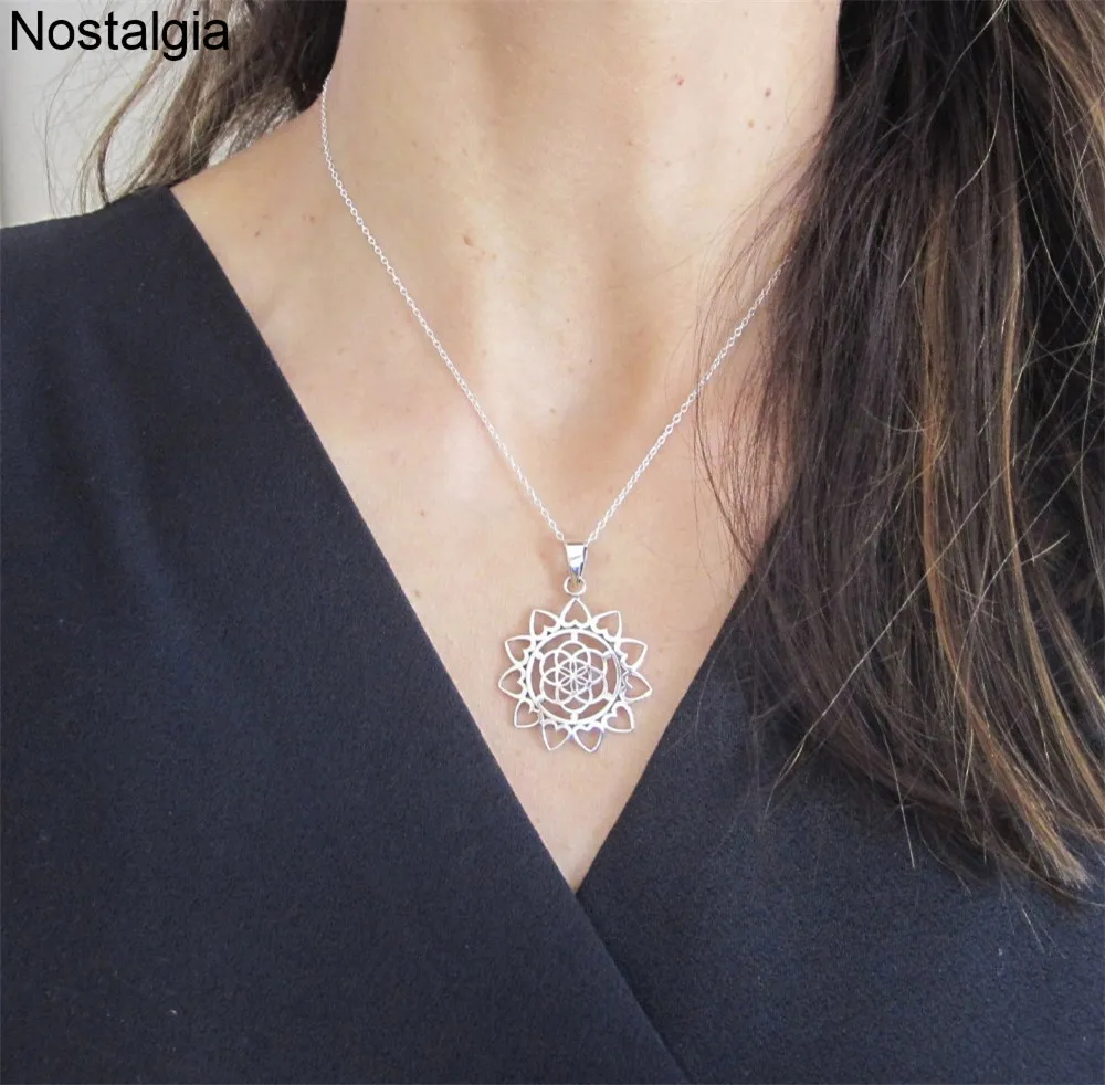 

Nostalgia Flower Of Life Pendant Sacred Geometry Womens Jewelery Mandala Lotus Flower Necklace Fleur De Vie Collier