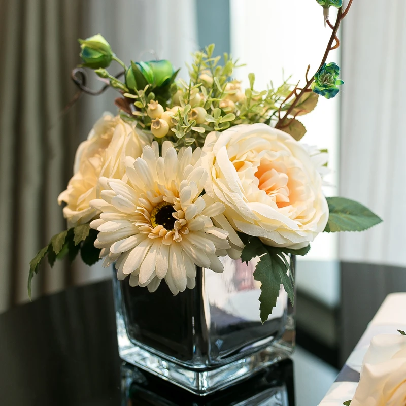 ガラスの花瓶 造花セット小ヘッド人工ローズガラス透明花瓶デスクオフィストップ品質シルクフラワーセット Vases Aliexpress