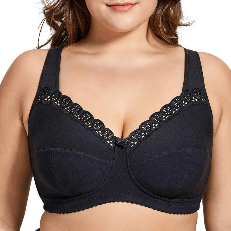 

34-48 B C D DD DDD E F G H J Women's Full Coverage Lace Plus Size Wireless Wire Free Unlined Non Padded Cotton Minimizer Bra