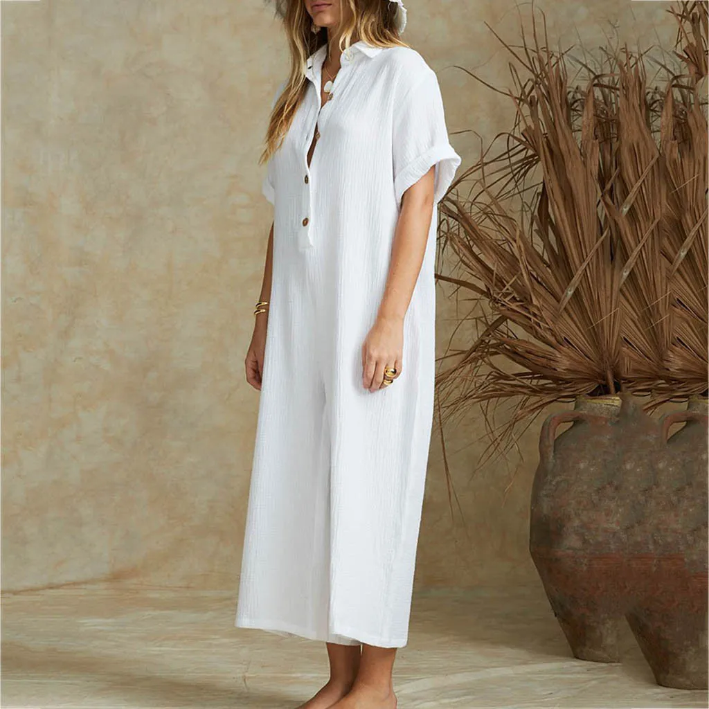 Для женщин boho Oversize Повседневное костюм-комбинезон женский сплошной кнопку шаровары Штаны свободные брюки женский комбинезон 2019 one piece