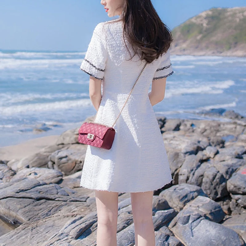 Возможно, U Белое Мини-Платье с отложным воротником и коротким рукавом, небольшой аромат, хит, цвет, летнее элегантное платье с карманами D1297