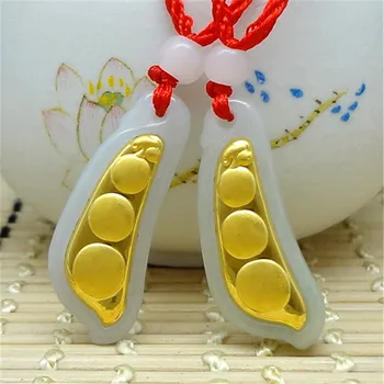 

3D gold inlaid natural jade green bean pendant e92#