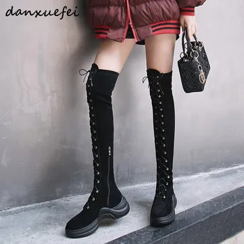 

Women's genuine suede leather lace-up thigh high boots platform flats winter high boots warm plush long over the knee boots shoe