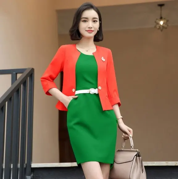 

Spring Autumn Business Jacket and Dress 2 Two Piece Set Office Ladies Work Outfits Uniform Womens Formal Dresses Suits Woman