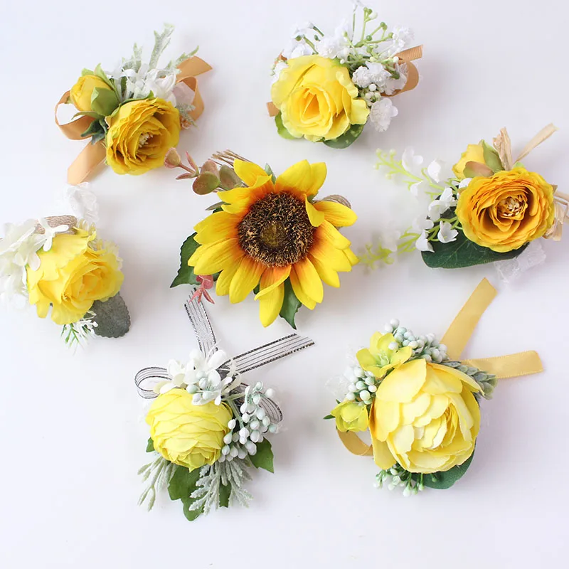Boutonniere Flowers wedding wrist corsage flowers silk roses yellow  (53)